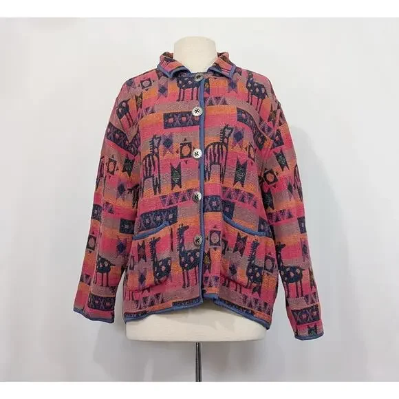Vintage 90s Tapestry Jacket Pink Animal Stripe Statement Misses Size L - Picture 1 of 7